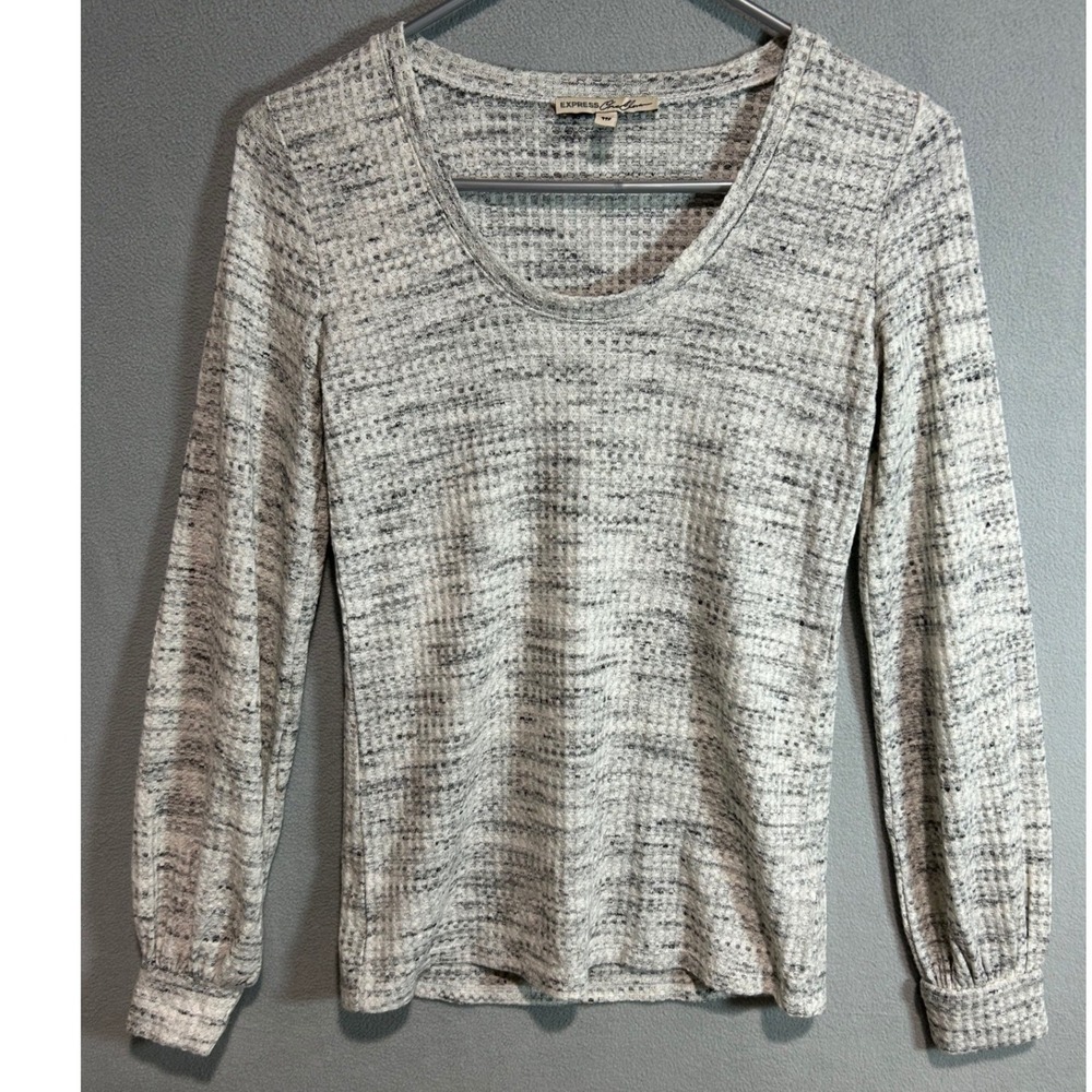 Gray Marled Waffle Knit Top Women XXS Long Sleeve Scoop Neck Thermal Layering